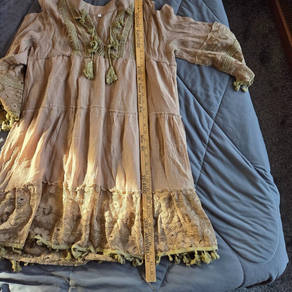 ELFINDEA khaki boho mini dress lace trim, tassels, cold shoulder Large - Picture 9 of 10